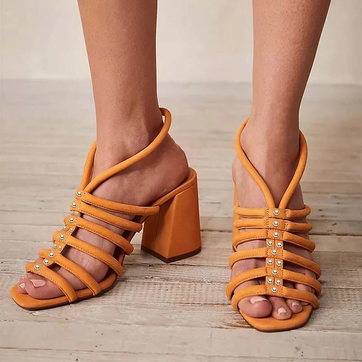 Orange Vegan Suede Square Toe T-Strap Heeled Sandals with Studs Nicepairs