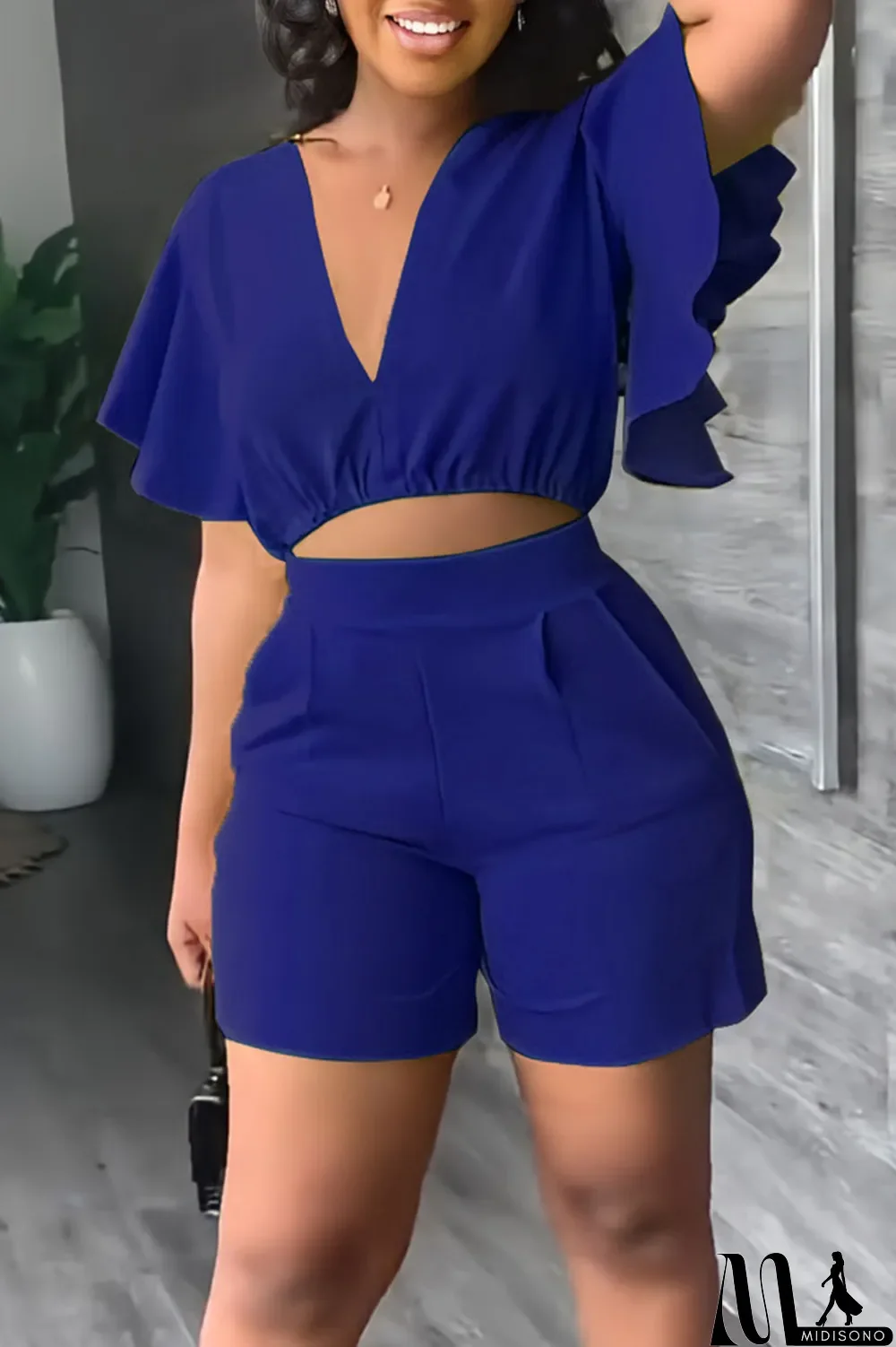 MidiSono - Yellow Casual Solid Patchwork Flounce V Neck Short Sleeve Two Pieces