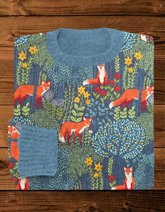🔥kukelife🔥Fox in the Forest Graphic Vintage Cozy Knit Sweater
