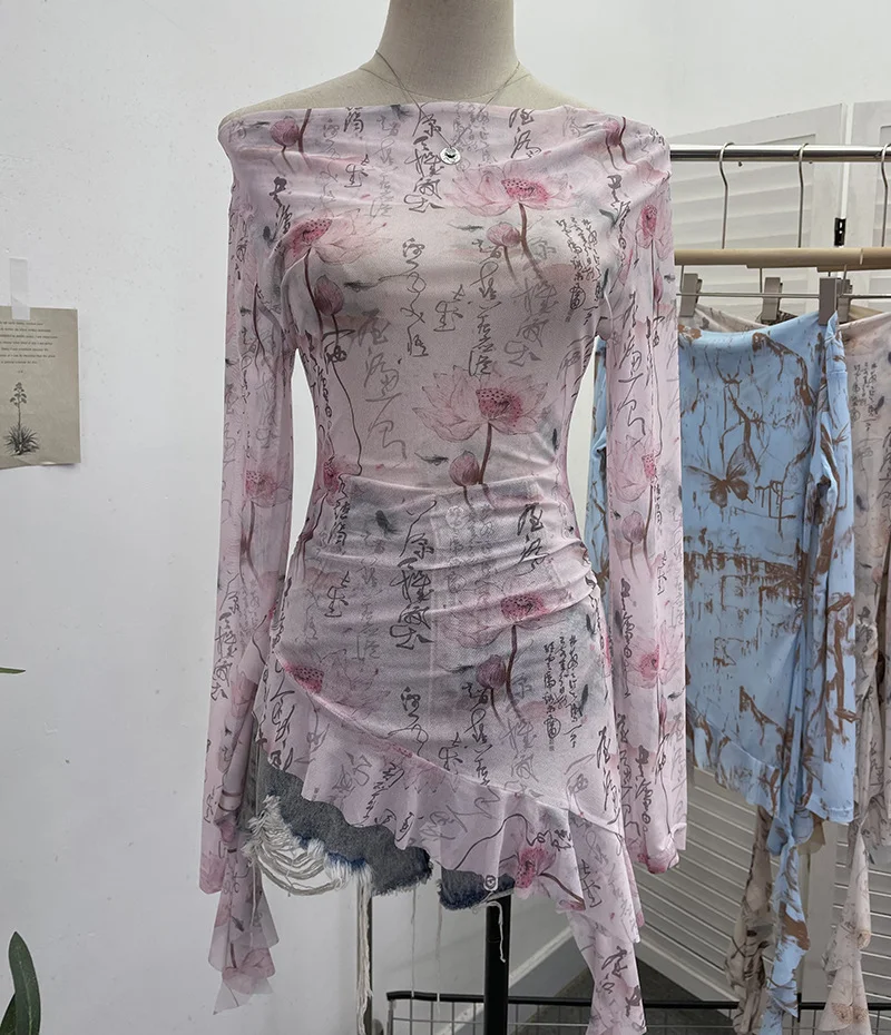 Uveng Purely Want A Word Shoulder Ink Print Tie-Dye Mesh Long-Sleeved Shirt Irregular Lotus Leaf Side Top 9936