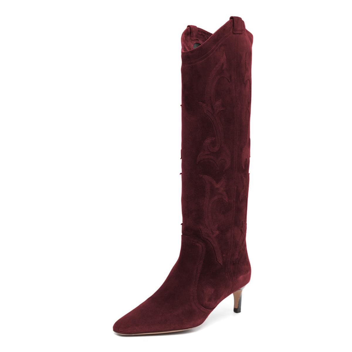 Burgundy Faux Suede Kitten Heel Embroidered Cowboy Boots for Women Nicepairs