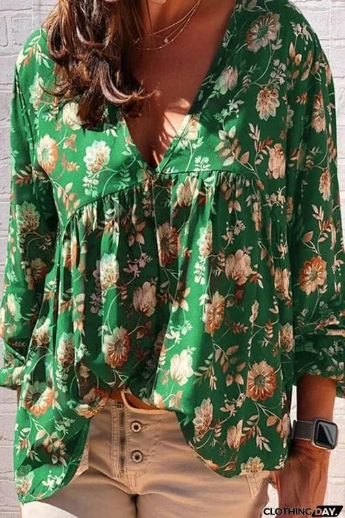 Floral Print V Neck Loose Blouse