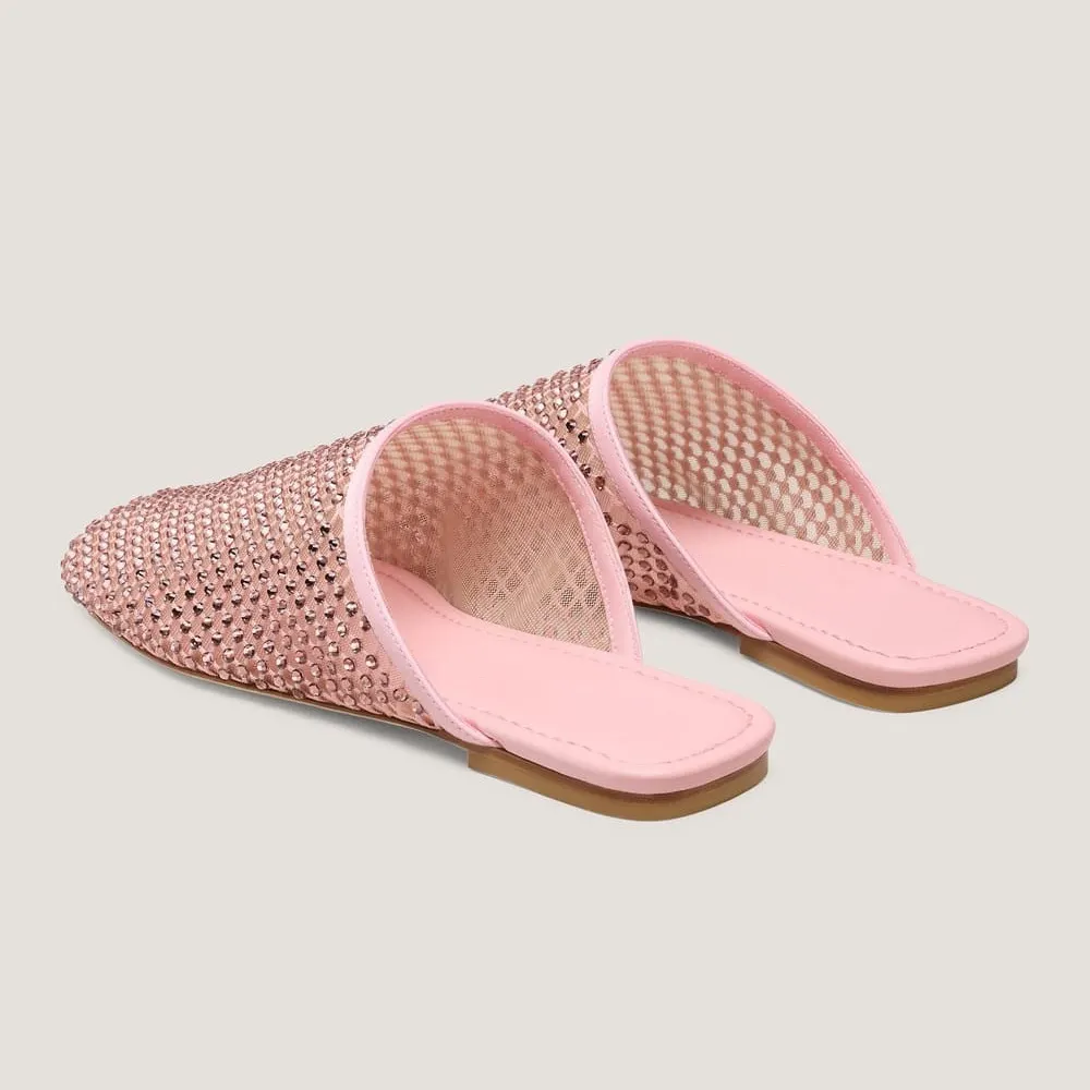 Pink Mesh Flat Square Toe Slip On Rhinestone Mules for Women