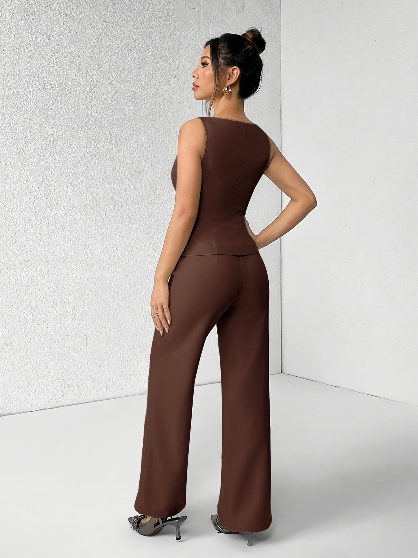 Women's Solid Button Front Sleeveless Tank Top & Wide Leg Pants Set, Casual Elegant Chic Minimalist Fashion Two-piece Set for Summer, Women's Clothing for Daily Wear, Suits, Office Siren Outfits, Casual Matching Set, Corporate Outfits Women