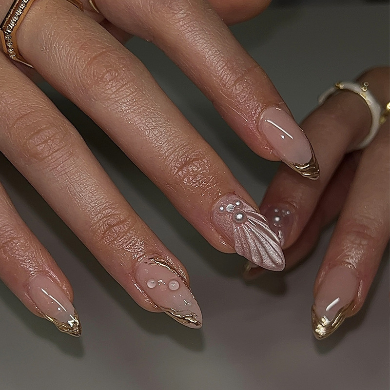 Damokan 24Pcs Simple French Nails Art Tips Fake Nails 3D Design Wearable Full Cover False Nail Mid-length Almond Reusable Press on Nails