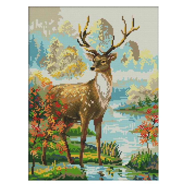 Joy Sunday - Male Deer - 14CT 2 Strands Threads Printed Cross Stitch Kit - 29x36cm(Canvas)