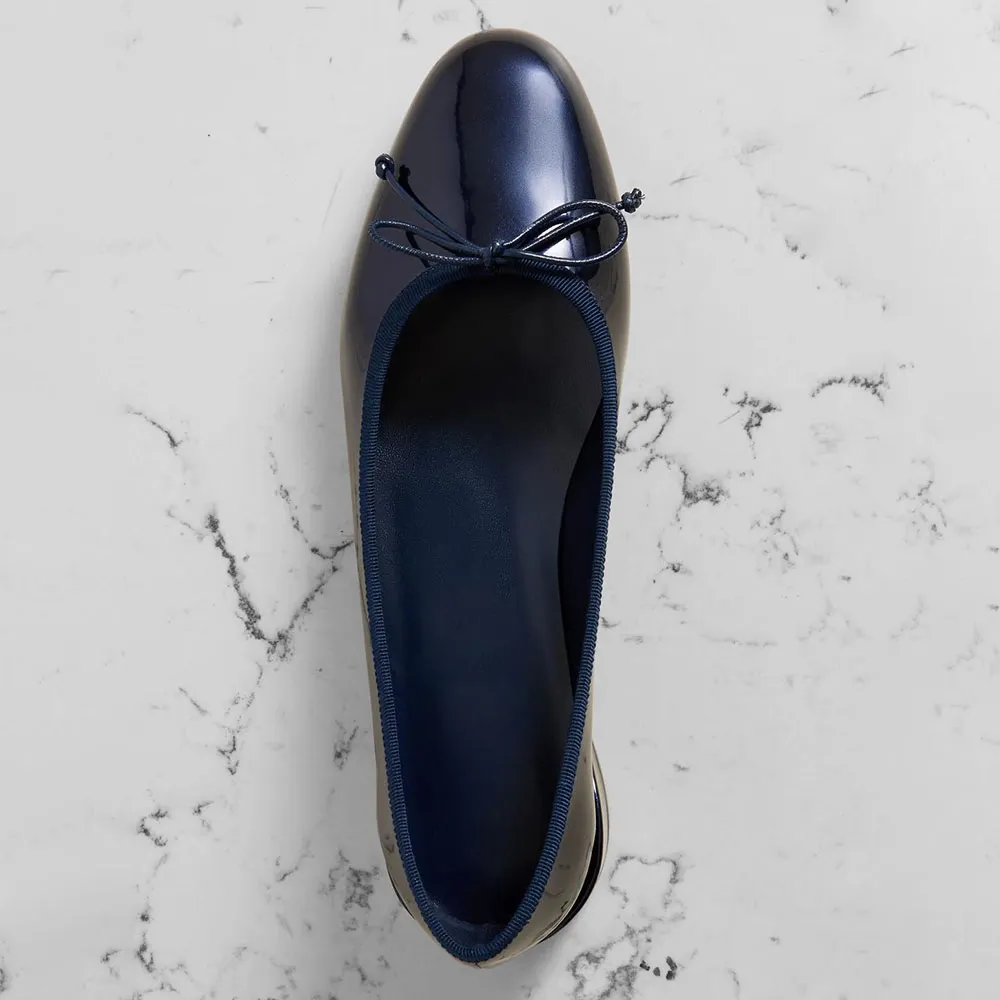 Classic Navy Patent Leather Round Toe Bow Flat Shoes for Women