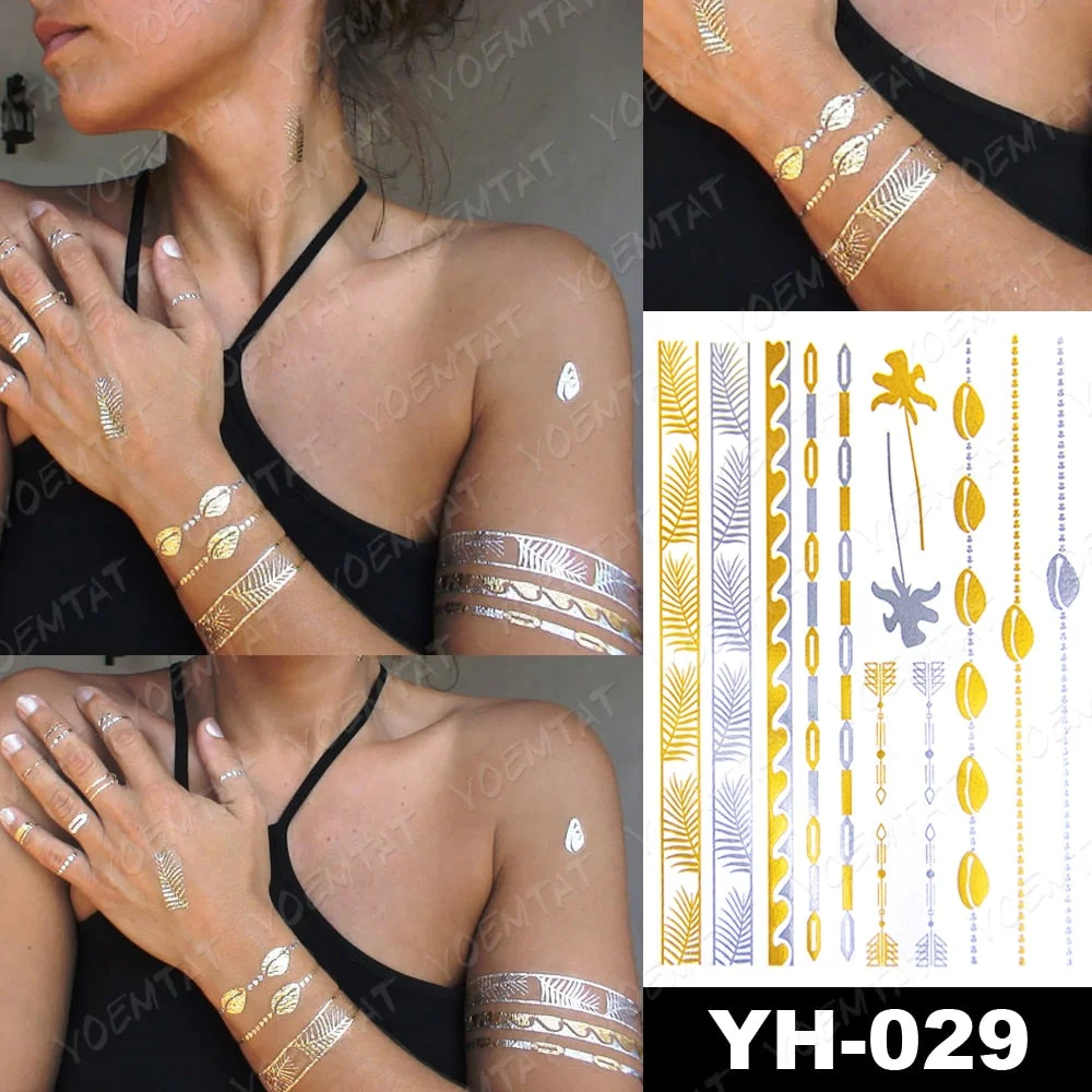 Waterproof Temporary Tattoo Sticker Gold Silver Henna Indian Hand Painted Glitter Tattoos Women Mandala Flower Feather Body Art