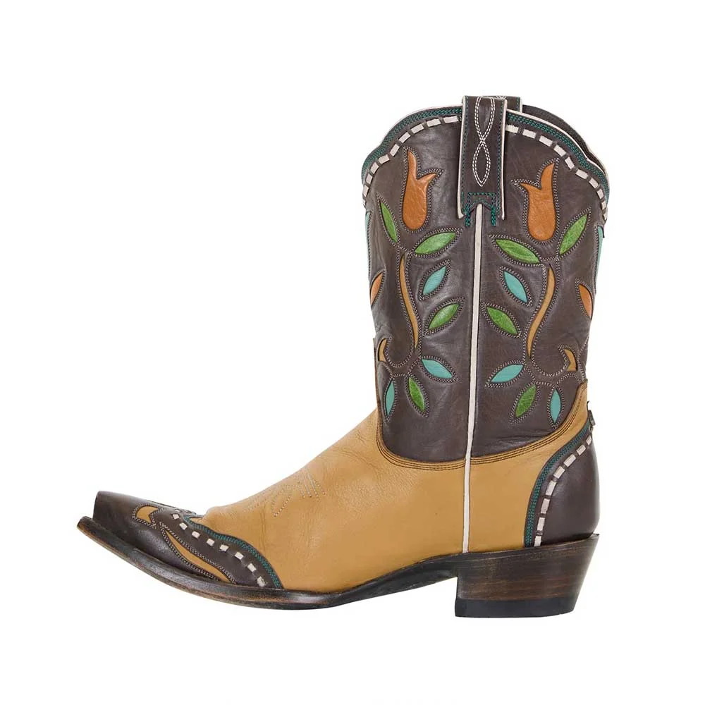 Tan Closed Snip Toe Embroidered Floral Inlay Pull On Western Boots
