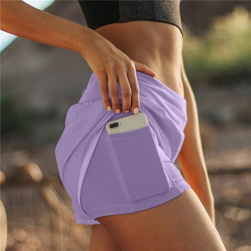Quick Dry High Waisted Workout Sport Running Solid Shorts Women Double Layer Fitness Training Shorts With Phone Pocket
