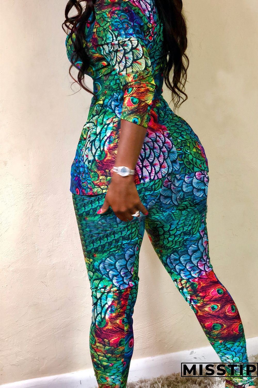 Colour Fashion Casual Print Cardigan Pants Turndown Collar Long Sleeve Two Pieces