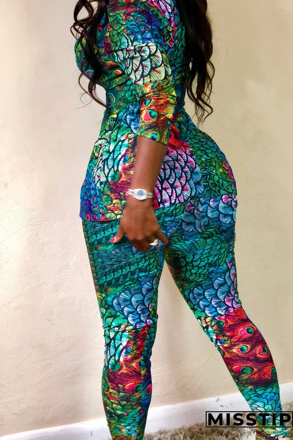 Colour Fashion Casual Print Cardigan Pants Turndown Collar Long Sleeve Two Pieces