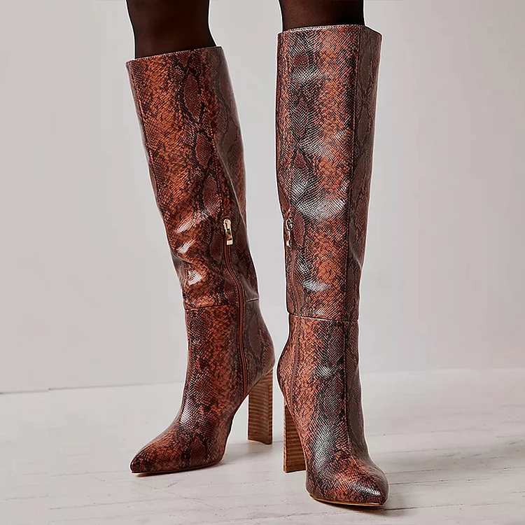 Women's Pointy Snakeskin Boots Vintage Chunky Heel Zipper Knee Boot |FSJ Shoes