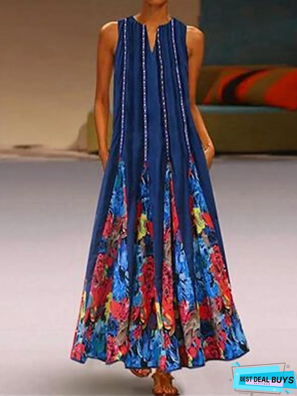 Women's Tunic Maxi Long Dress Sleeveless Tribal Print Summer Plus Size Hot Casual White Black Blue Red Green