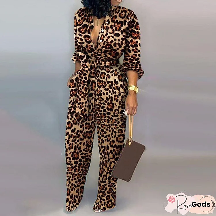 Vintage Leopard Printed Women's Jumpsuit Elegant Long Sleeve Overalls Rompers Autumn Loose Wide Leg Playsuit Women Streetwear 90S
