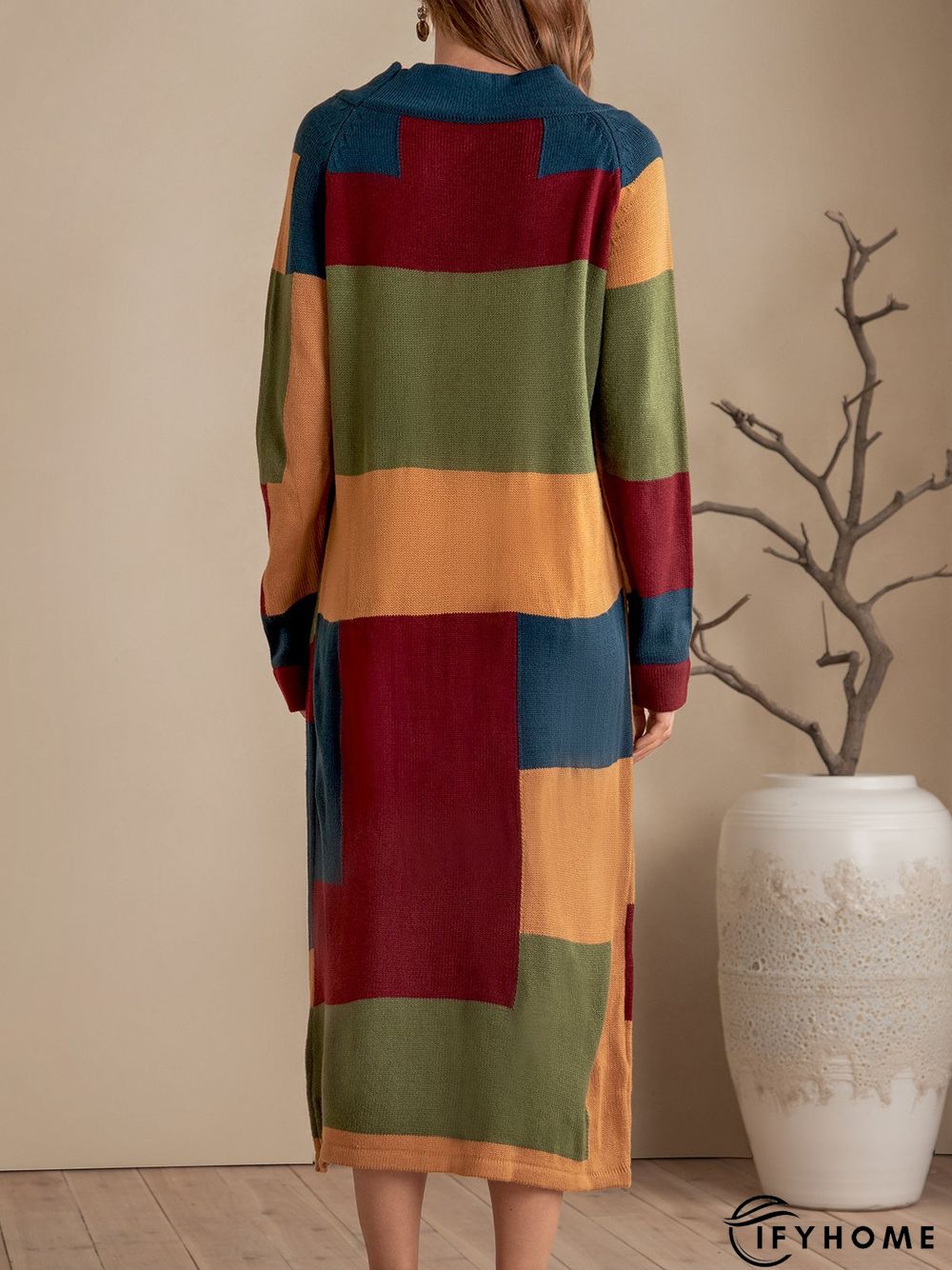 Yellow Shift Solid Pockets Color-Block Sweater Dress | IFYHOME