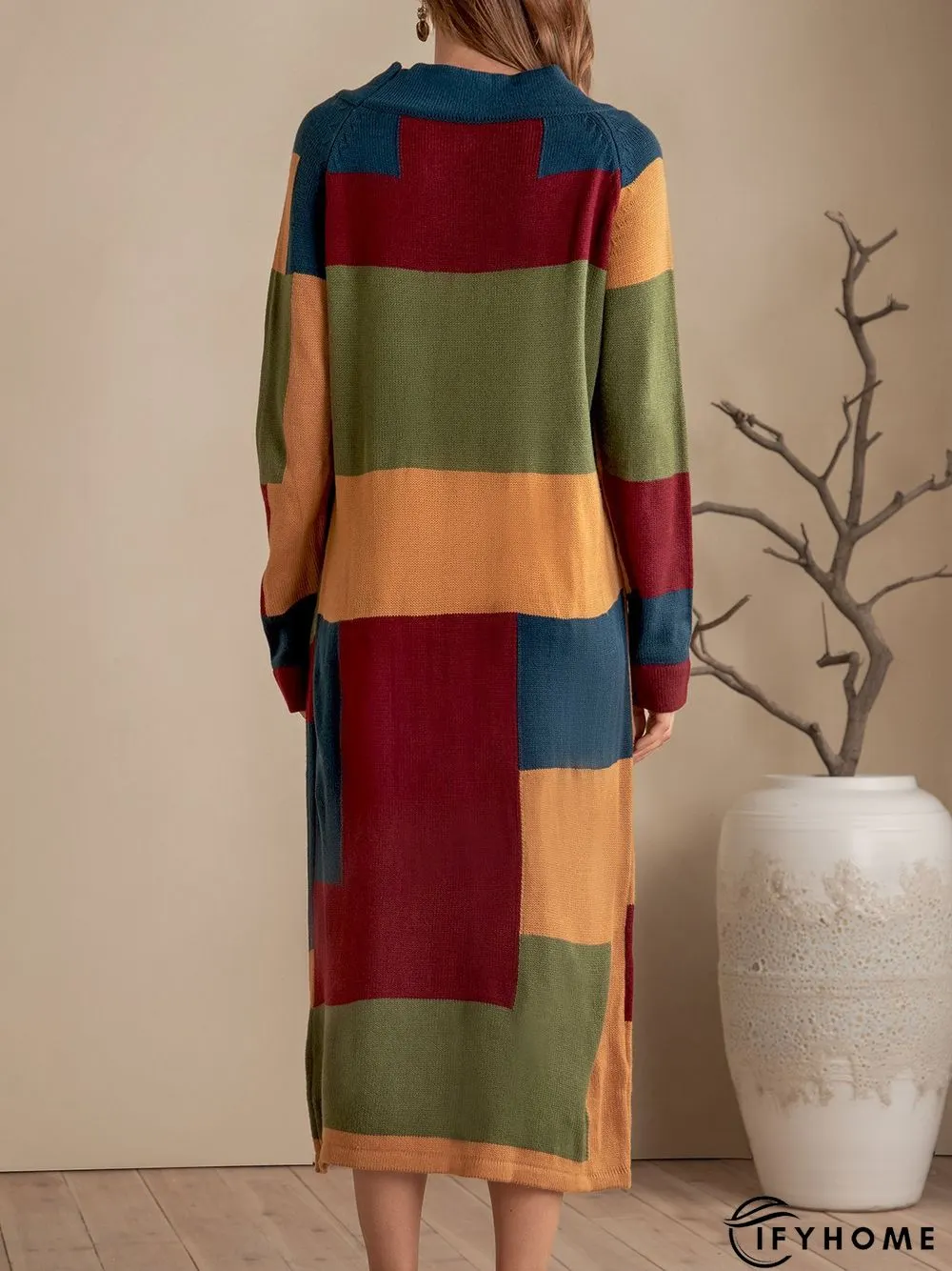 Yellow Shift Solid Pockets Color-Block Sweater Dress | IFYHOME