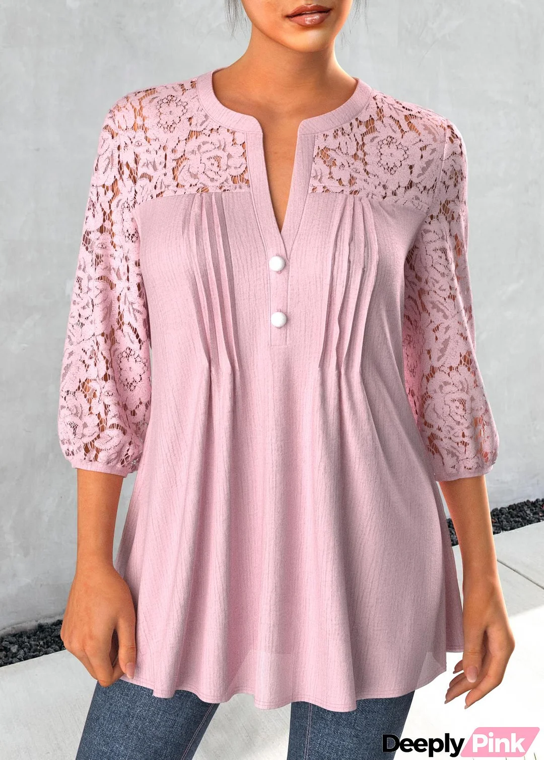 Light Pink Split Neck Tuck Stitch Blouse