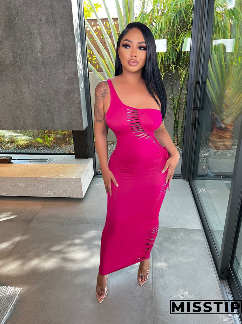 One Shoulder Sleeveless Cut Out Lace Up Maxi Dress