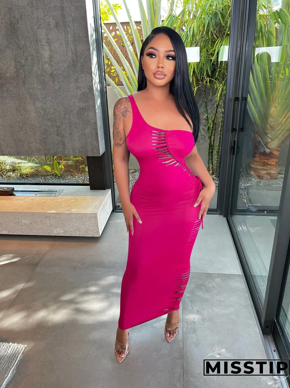 One Shoulder Sleeveless Cut Out Lace Up Maxi Dress