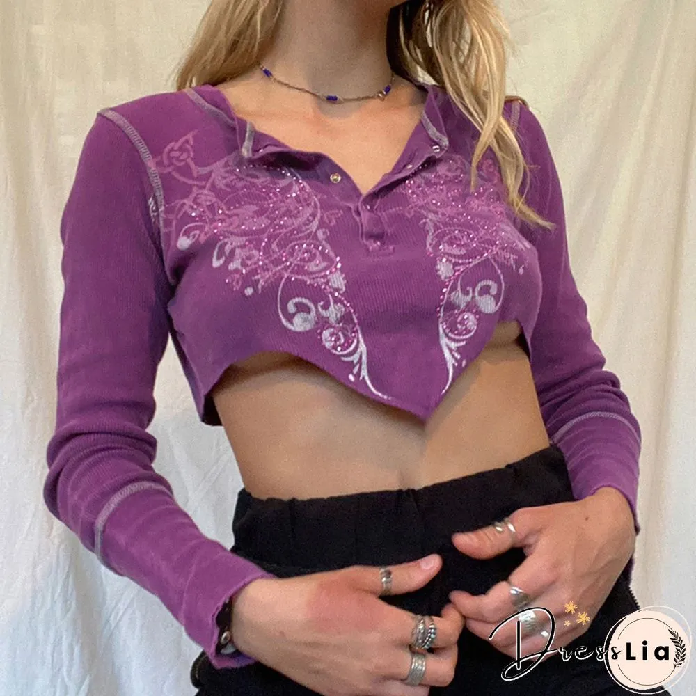 Fairy Grunge Rhinestones Vintage Top Floral Print Cropped Ribbed Long Sleeve Tees Y2k