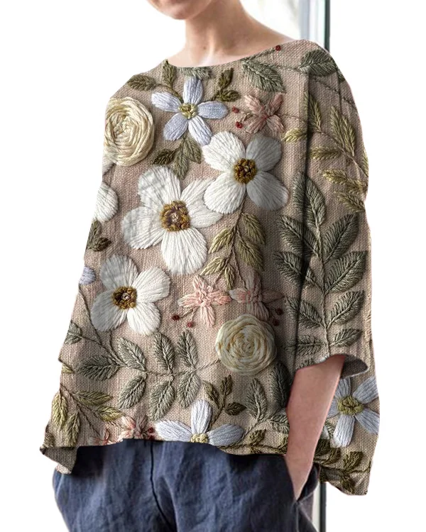 Vintage Floral Embroidery Print Crew Neck Linen Loose Top