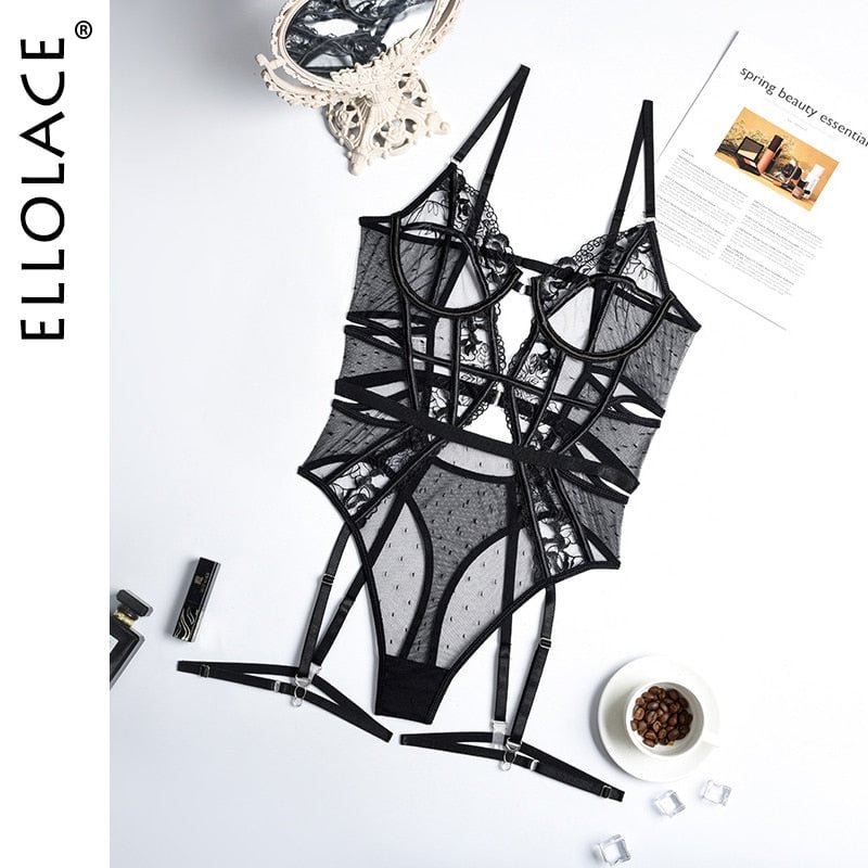 Ellolace Bodysuit Women Sexy Exotic Costumes Lace Transparent Hot Intimate Body See Through Porn Sissy High Cut Black Teddy