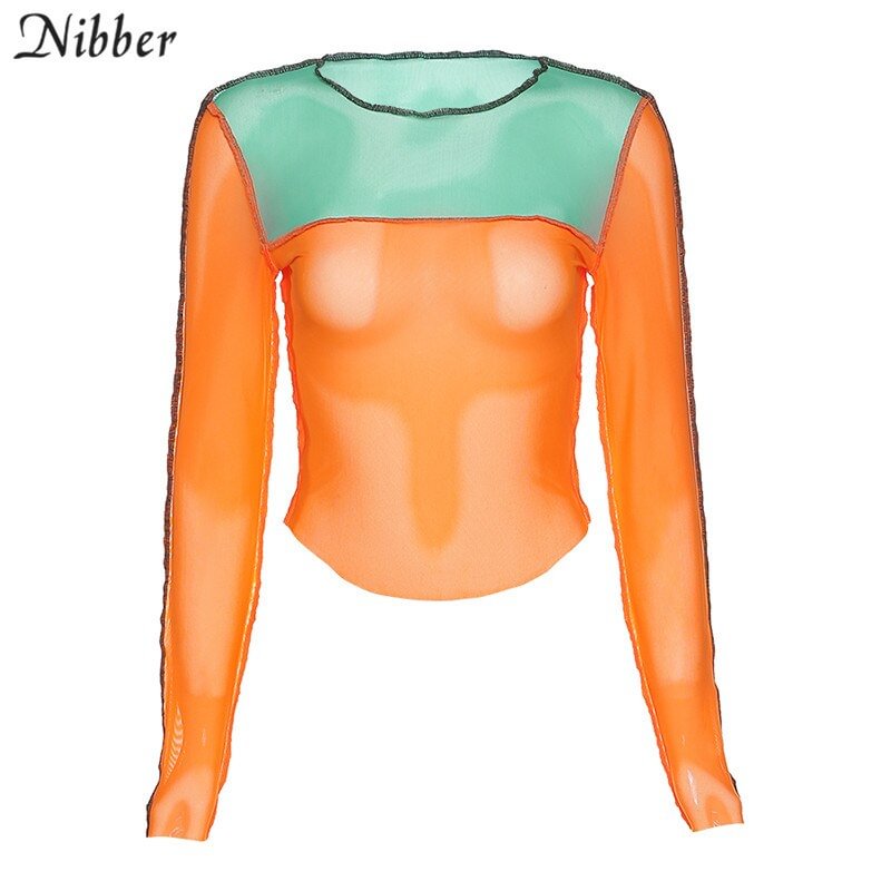 Nibber contrast color patchwork long-sleeve T-shirt women 2020 autumn Street casual wear cool mesh top basic punk top tee female