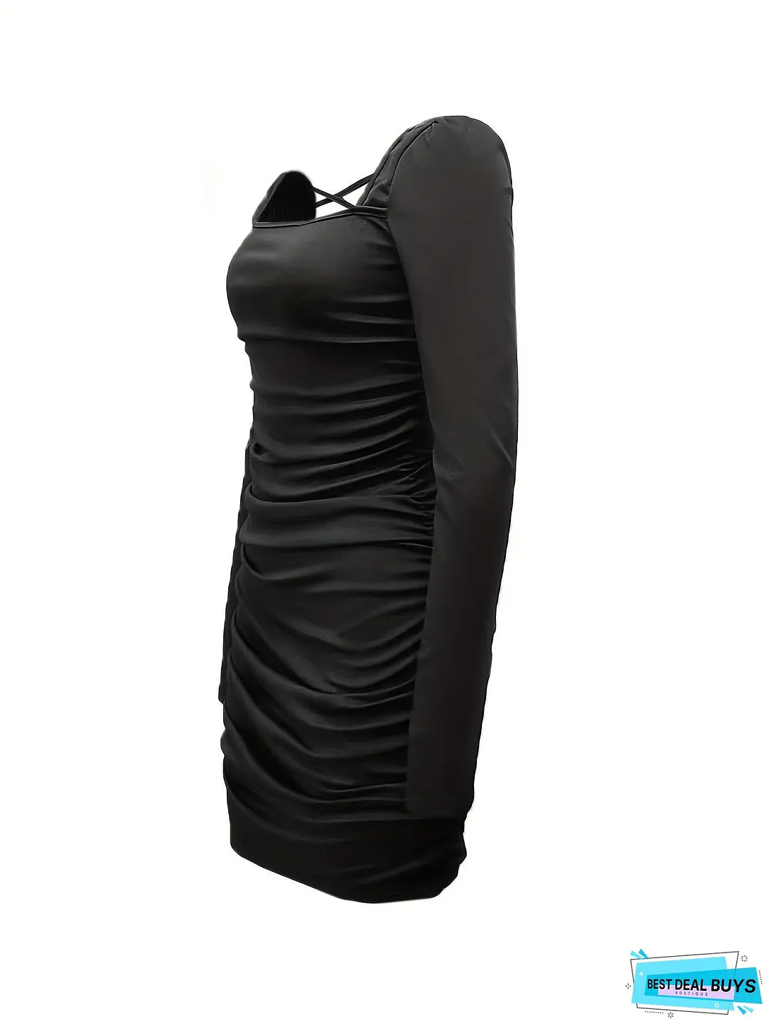 Backless Ruched Dress, Sexy Squared Neck Long Sleeve Bodycon Dress, Women's Clothing