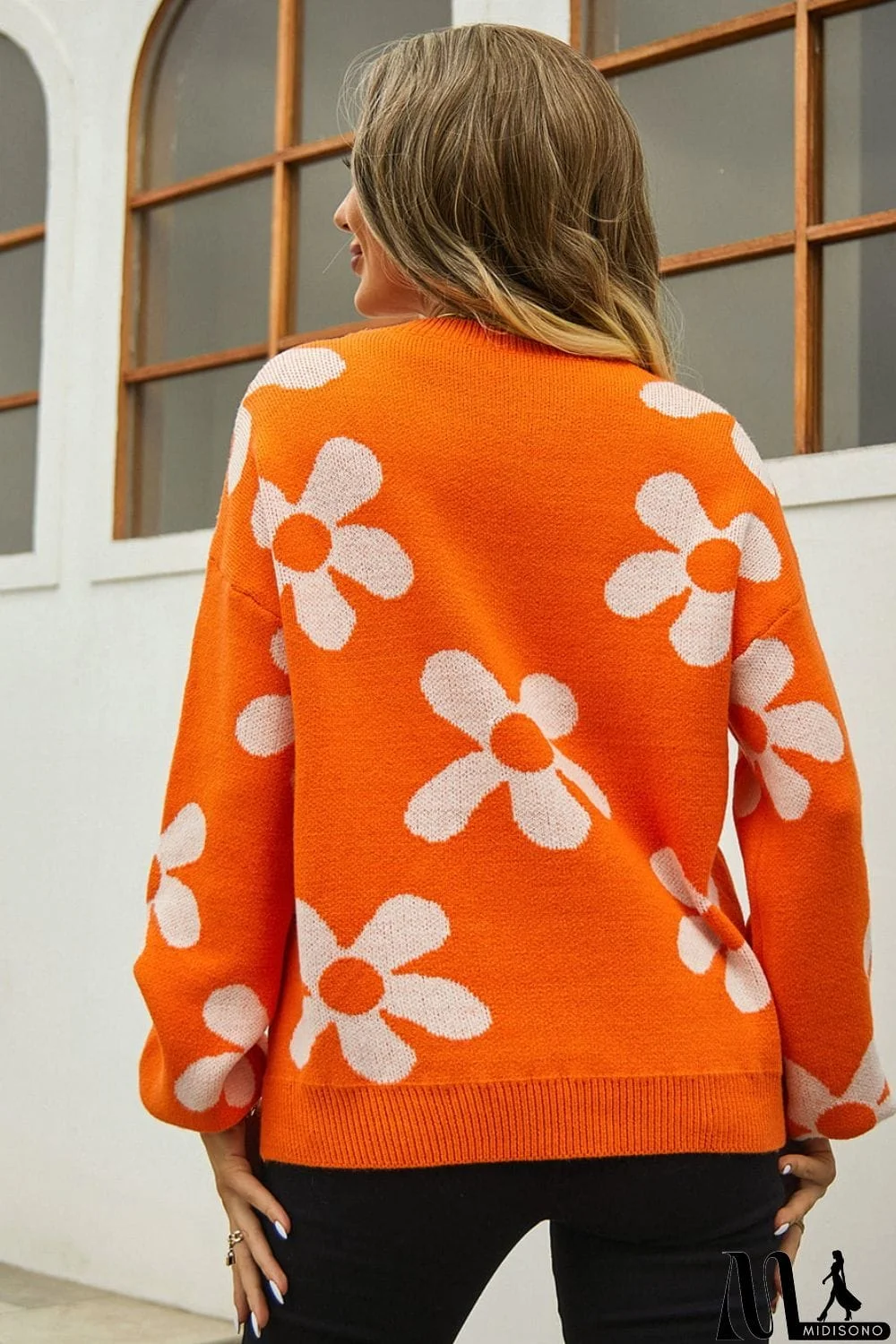 MidiSono - Floral Print Round Neck Dropped Shoulder Pullover Sweater