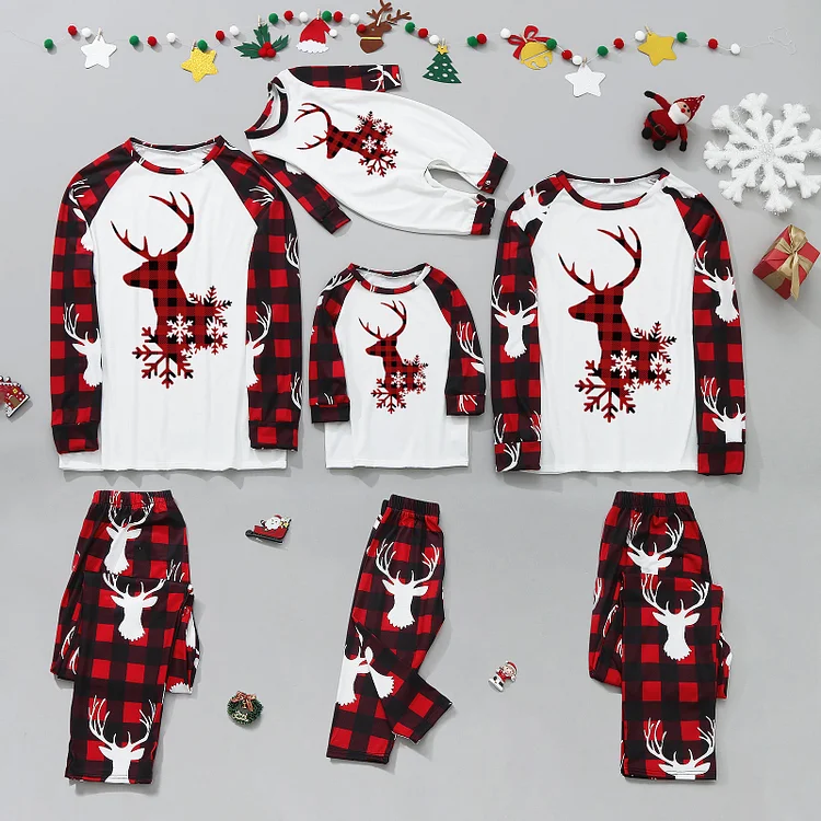 Christmas Reindeer Red Plaids Printed Family Pajamas Xmas Nightwear
