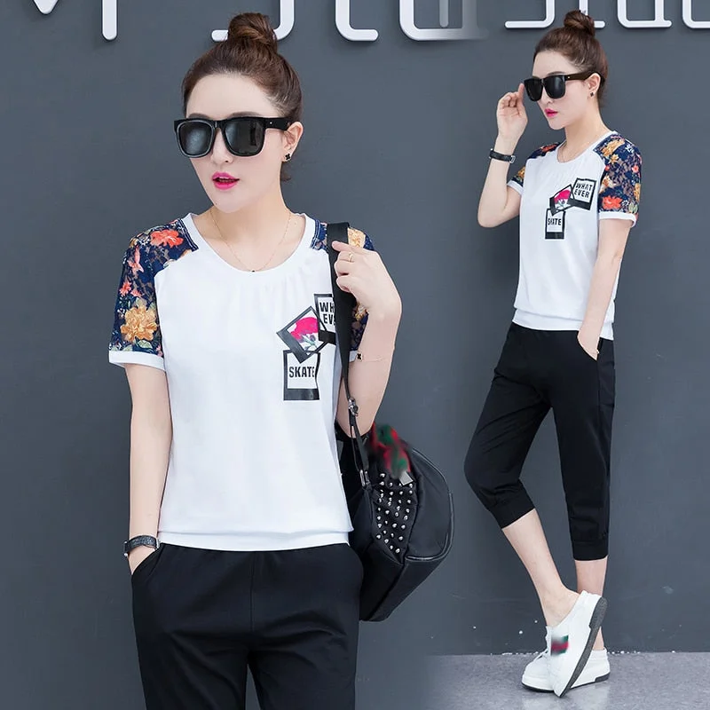 Tracksuits Women 2019 Summer Set 2 Pieces Women Clothing Set: Short Sleeve T-shirt+pants Casual Sportsuits Woman Track Suits