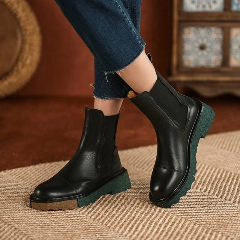 Trizchlor 2023 Autumn/Winter Fashion Women Boots Thick Heel Two Colors Retro Chelsea Boot Cow Leather Women Platform Boot Flat Women Shoes