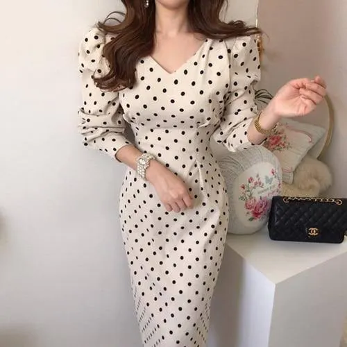 French Style Spring & Autumn Womens Casual Polka Dot Print A-Line Party Corduroy Dress
