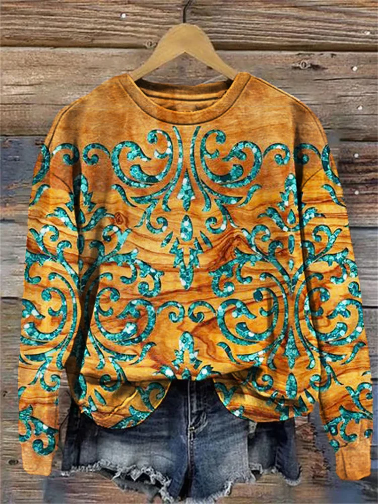 Western Sequins Floral Pattern Casual Sweatshirt