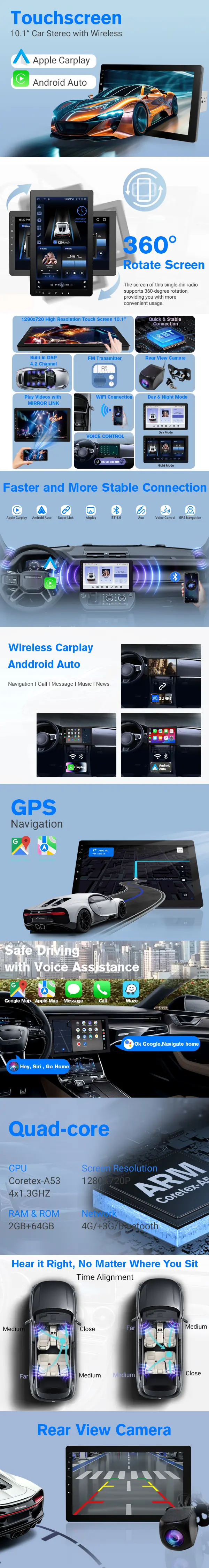 Product Introduction of 10.1" Rotatable Touch Screen Car Stereo Single Din - Android 13. Wireless CarPlay/Android Auto. 4-Core CPU. 2GB+32GB. GPS Navigation. Hi-Fi Sound. Bluetooth 4.2. AHD Backup Camera (Vertical Fit) 1