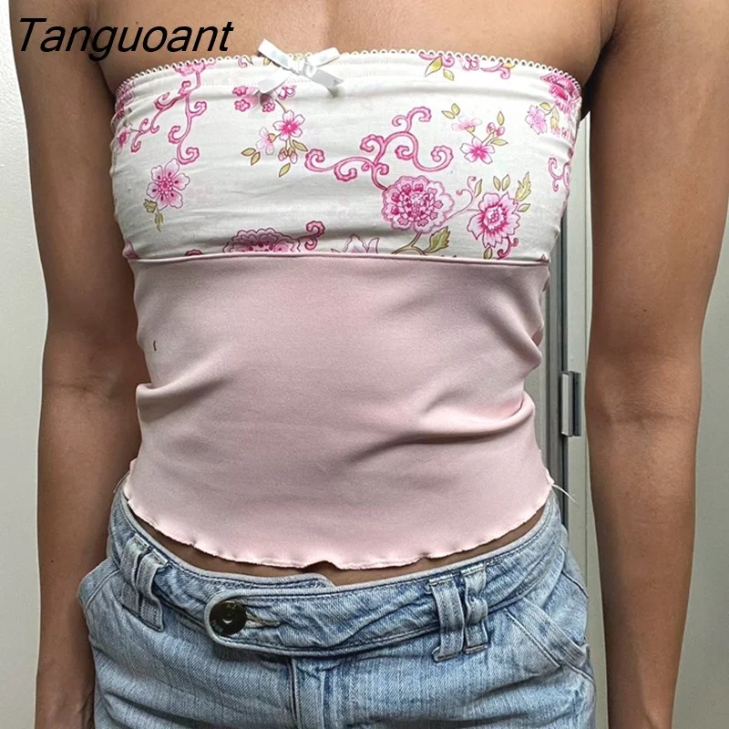Tanguoant Women Y2k Crop Top Ruffle Frill Camisole Cute Bow Floral Print Strapless Tank Aesthetic Fairy Grunge Tube Top 2000s Clubwear
