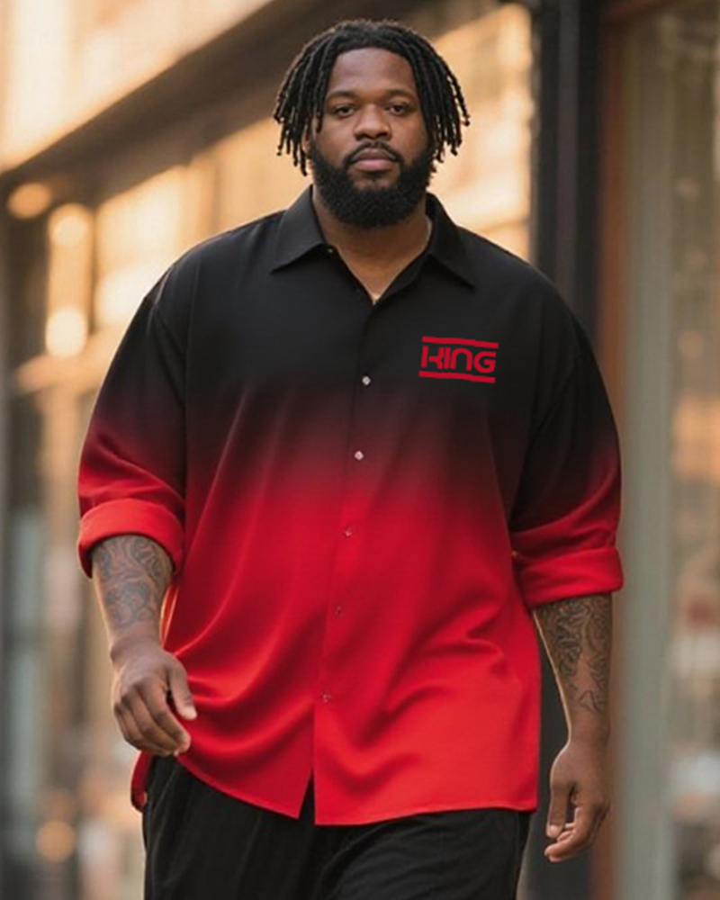 Big & Tall Men's Business Black And Red Gradual King Letter Printing Long Sleeve Shirt Pants Suit