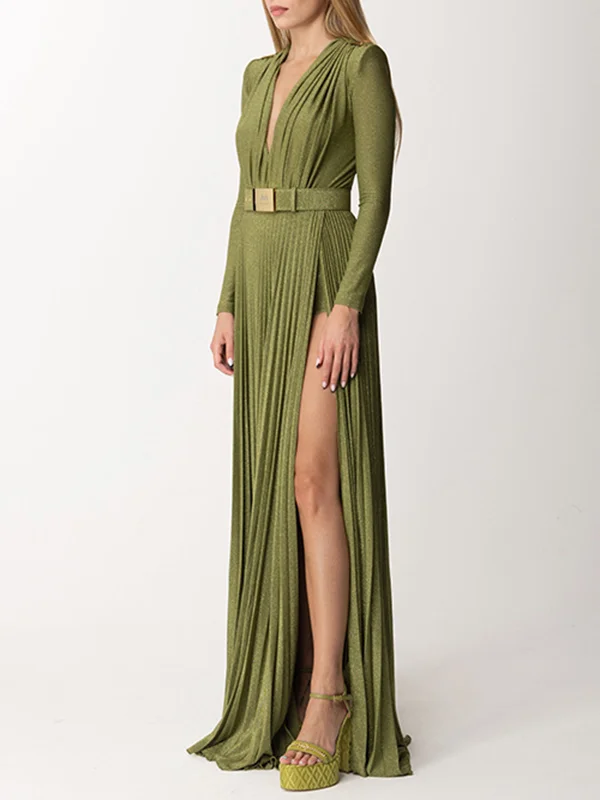 Belted Pleated Solid Color Split-side Long Sleeves Wrap V-neck Maxi Dresses Evening Dresses