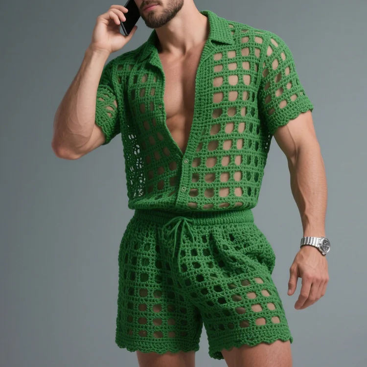 Okaywear Hollow Crochet Short Sleeve Shirt & Drawstring Shorts 2Pcs Set 