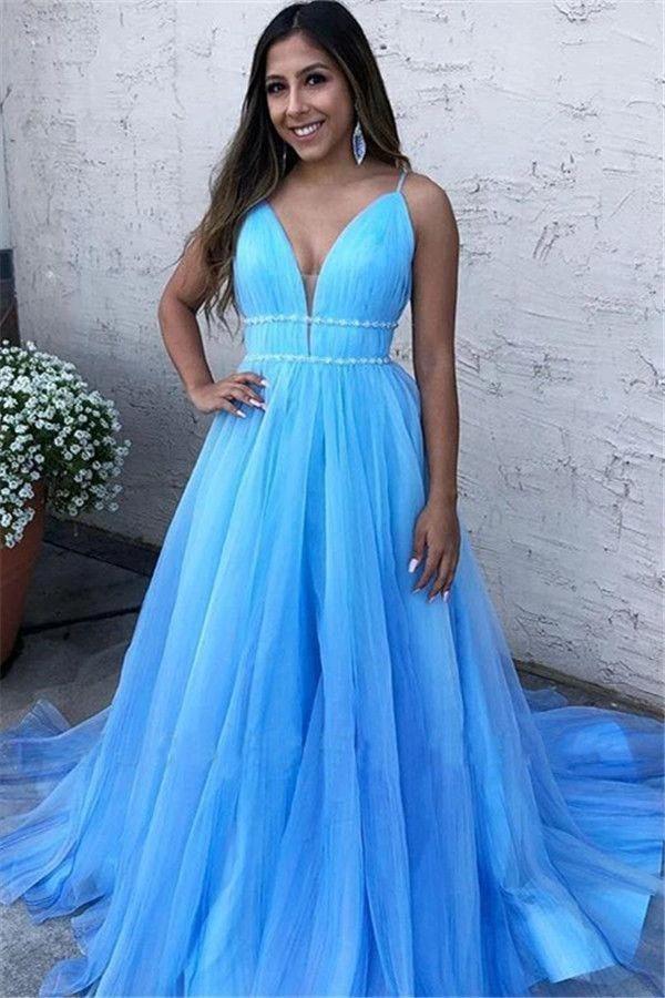 Bellasprom Sky Blue Tulle Long Evening Dress Spaghetti-Straps Bellasprom