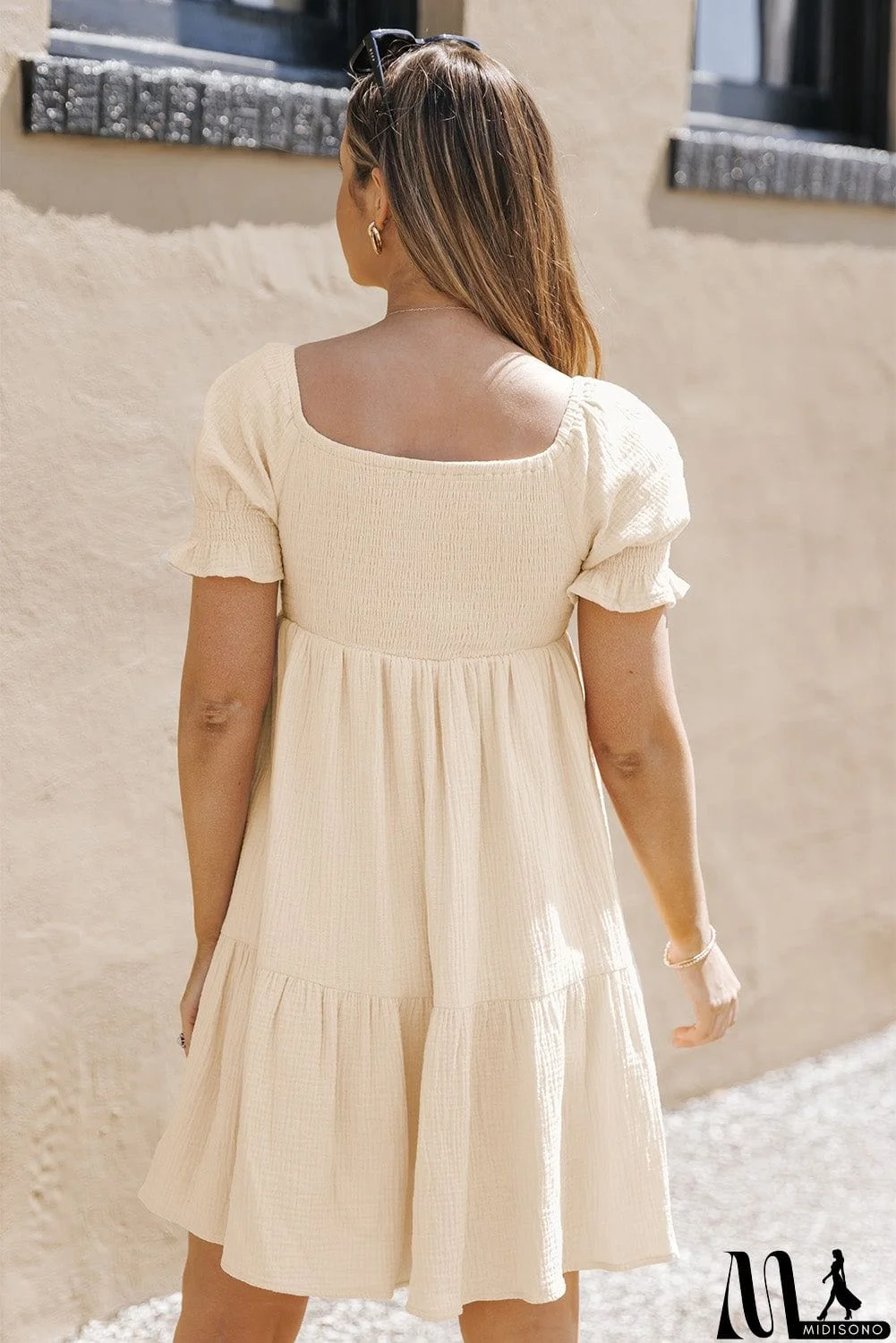 MidiSono - Smocked Square Neck Flounce Sleeve Mini Dress