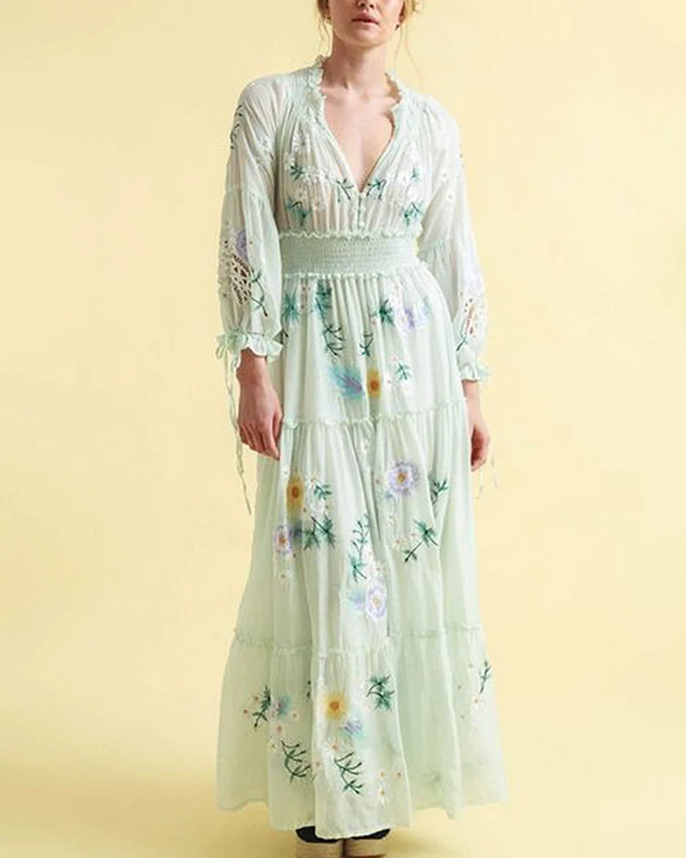 WomenBohemian Flower Embroidery Hollow Tassel Decoration Retro Goddess Dress