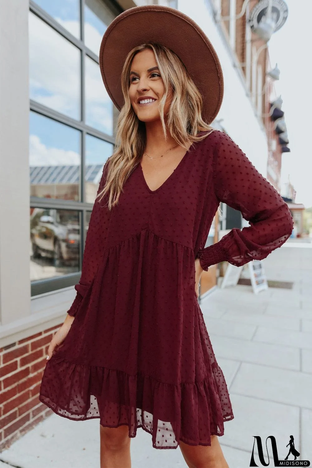 MidiSono - V-Neck Dotted Burgundy Empire Dress