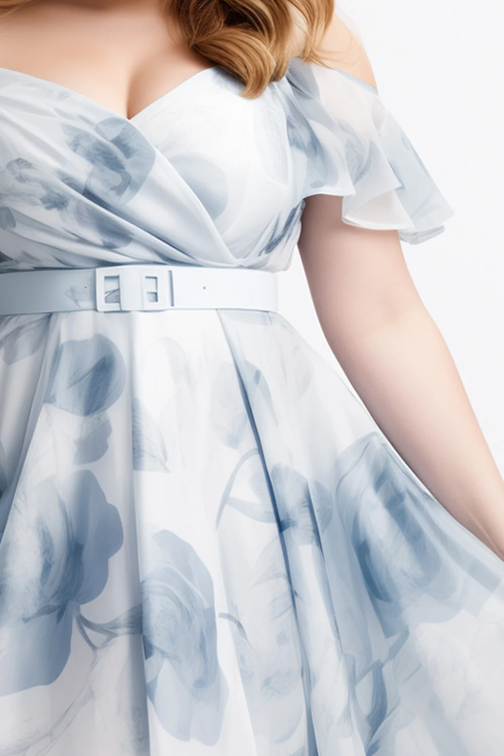 Flycurvy Plus Size Wedding Guest Light Blue Organza Floral Print Off The Shoulder Belt Maxi Dress