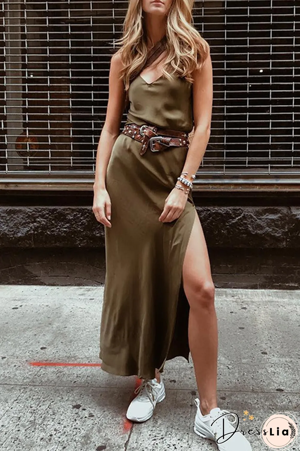 Fashion Casual Solid Split Joint Slit V Neck A Line Dresses  (Without Belt)