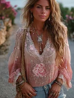 Vintage Boho Pink Roses Embroidered Comfy Linen Shirt