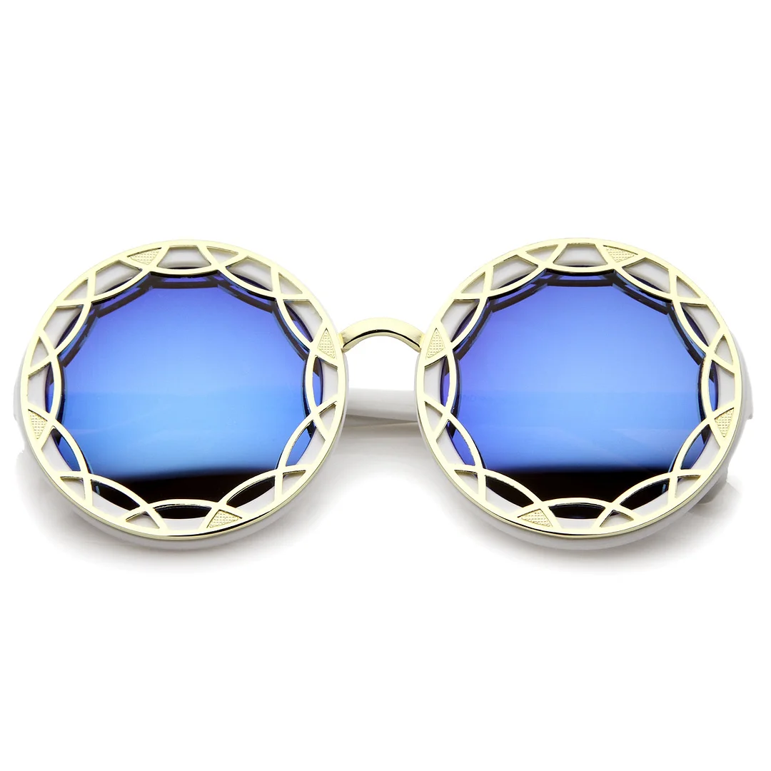 Women's Oversize Ornate Flat Pattern Color Mirror Lens Round glasses 55mm