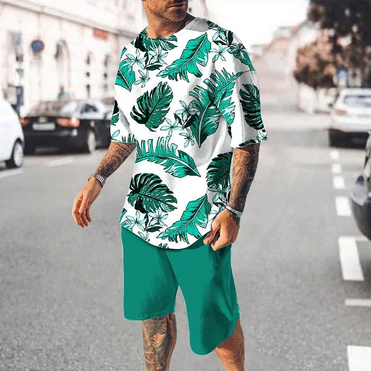 BrosWear Casual Tropical Leaves Print Crew Neck T-Shirt And Shorts Co-Ord