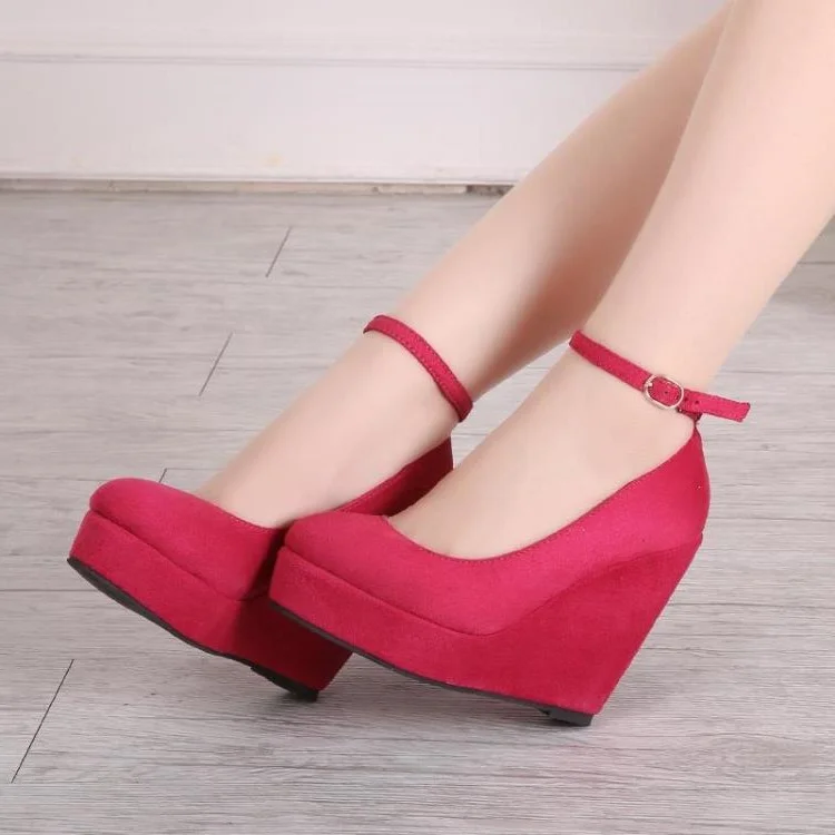 Red Closed Toe Wedges Suede Platform Ankle Strap Pumps |FSJ Shoes
